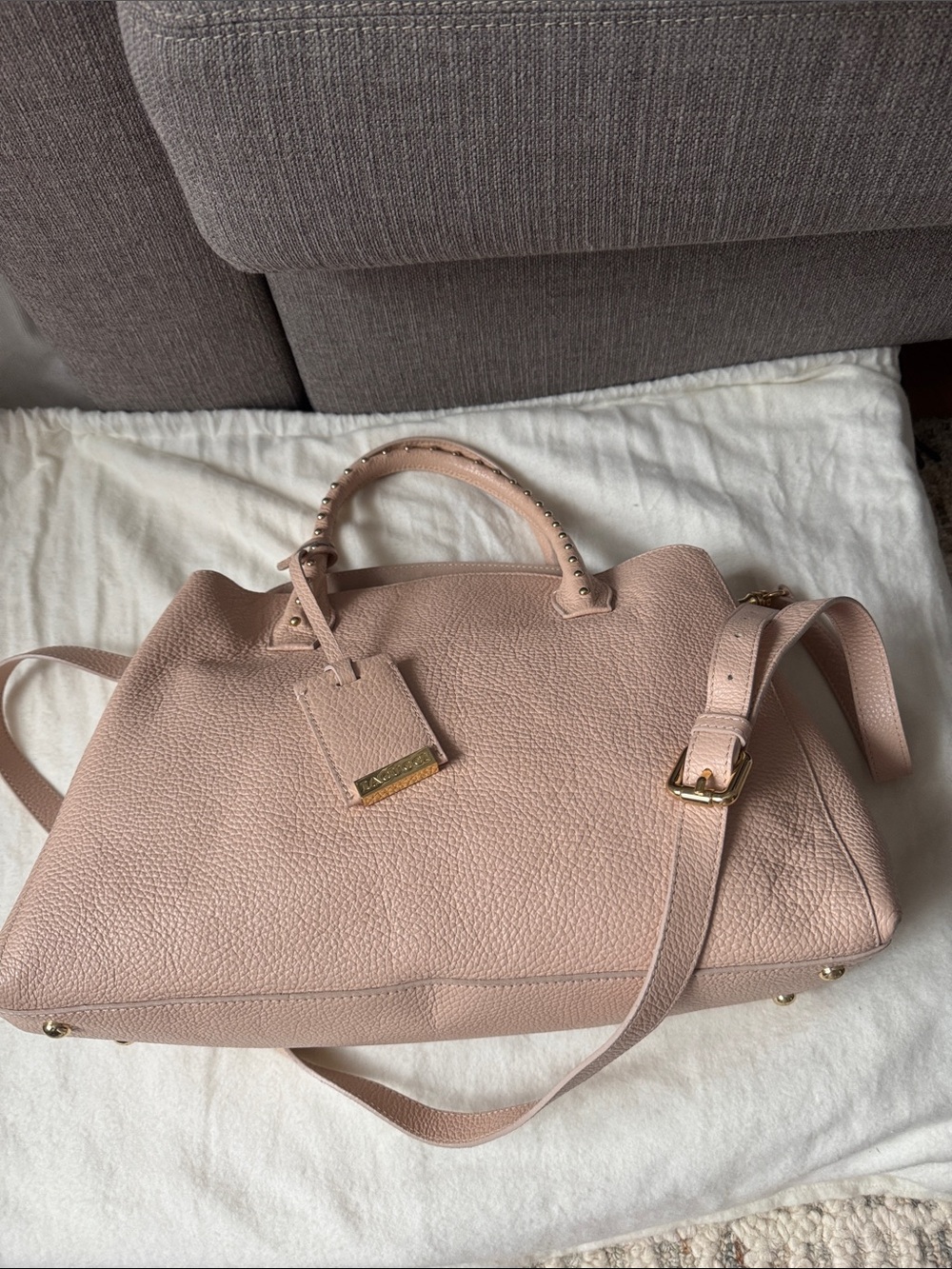 Blush Pink Pebbled Leather Satchel with Detachable Strap
